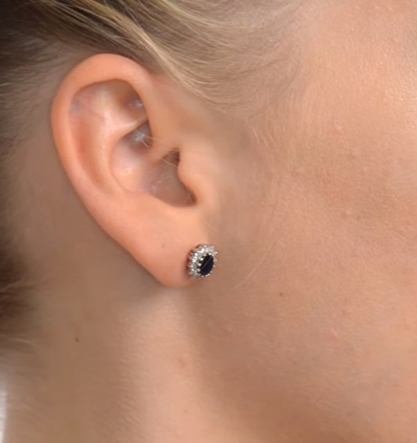 Sapphire 6mm x 4mm And Diamond 18K White Gold Earrings