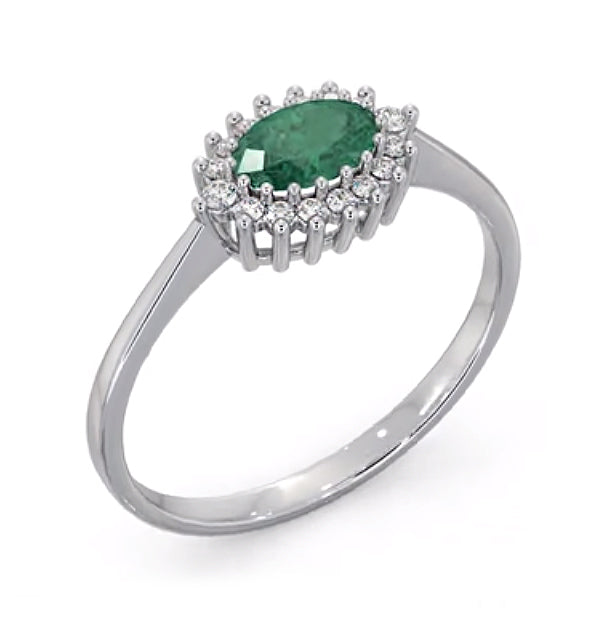 Emerald 6 x 4mm And Diamond 18K White Gold Ring FET21-GY