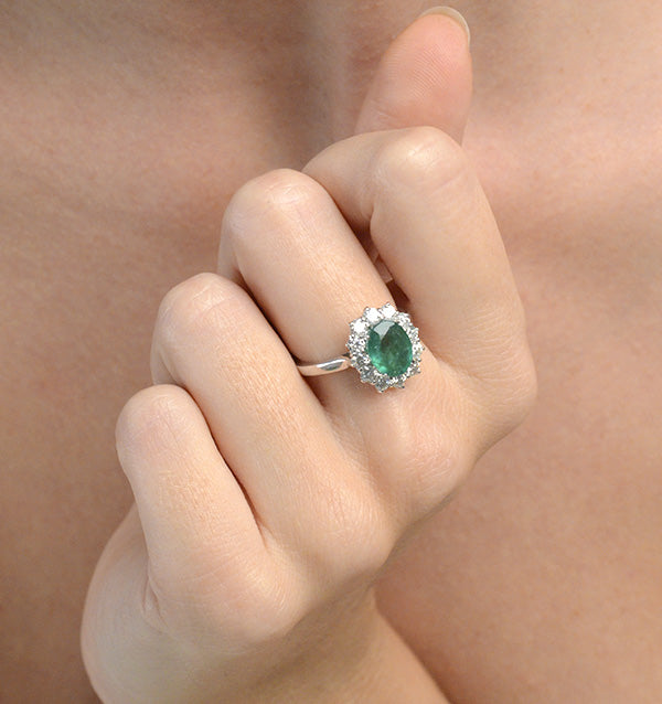 Lab Emerald 1.95CT and Lab Diamond 1.00ct Cluster Ring in 18K White Gold