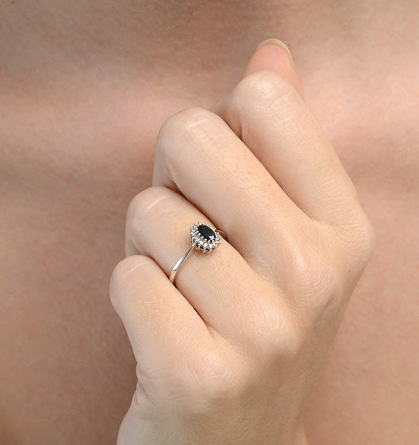 Sapphire 5 x 3mm And Diamond 18K White Ring