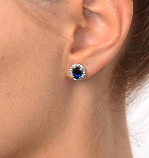 Sapphire 7mm x 5mm And Diamond 18K White Gold Earrings