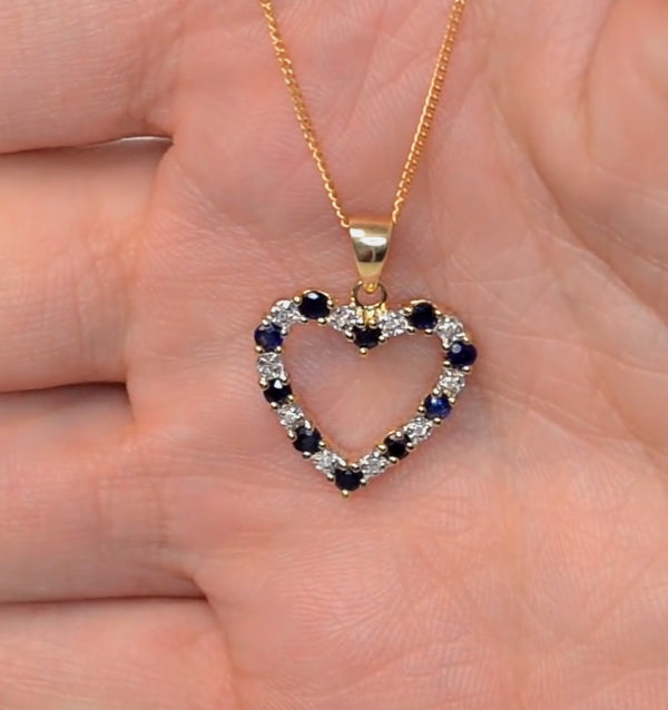 Sapphire And 0.03CT Diamond Heart Pendant Necklace 9K Yellow Gold