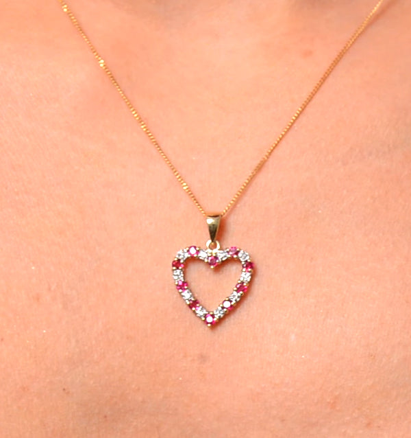 Ruby 0.68CT And Diamond 9K Yellow Gold Heart Pendant Necklace