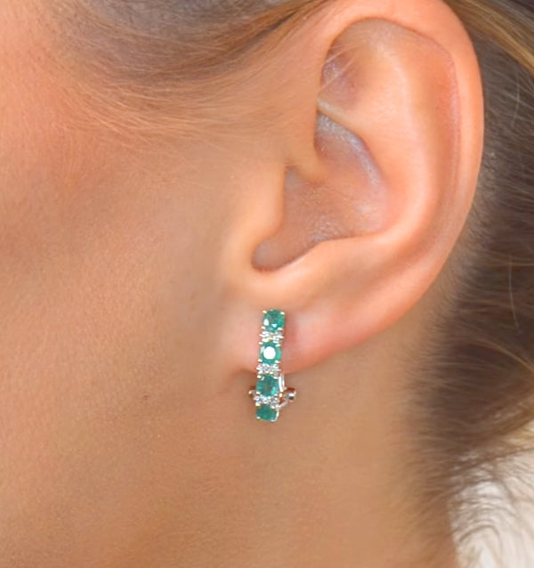 Emerald Earrings Half Huggie With Lab Diamonds Set in 925 Silver