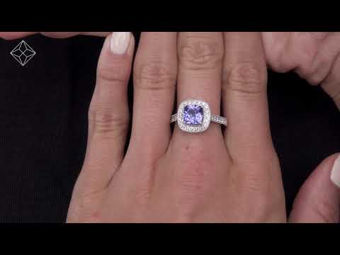 1.60ct Cushion Tanzanite Diamond Halo Asteria Ring in 18K White Gold