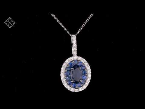 Sapphire and Lab Diamond Oval Halo Necklace 9KW Gold Asteria