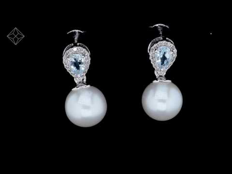 7.5mm Pearl Blue Topaz and Diamond Stellato Earrings in 9K White Gold