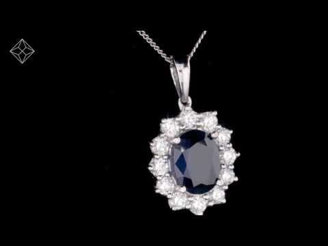 Lab Sapphire 9x7mm and Lab Diamond Cluster Necklace in 18K White Gold