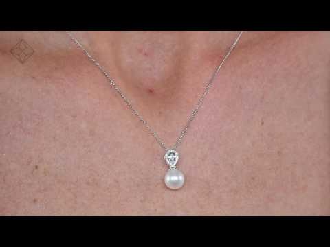 Pearl and Blue Topaz and Diamond Pendant Necklace in 9K White Gold