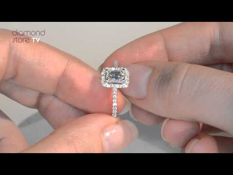 Halo Engagement Ring Ella 0.80ct VS Emerald Cut Diamonds 18KW Gold