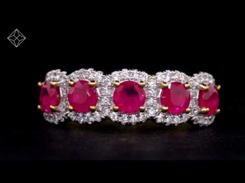 Ruby and Diamond Halo 5 Stone Asteria Ring in 18K Gold