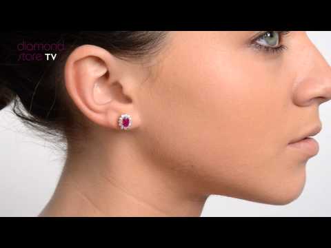 Ruby 6 x 4mm And Diamond Cluster 9K Yellow Gold Earrings