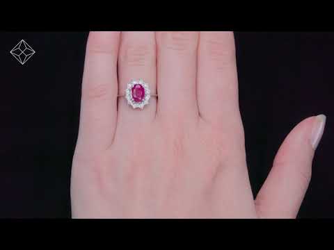 Ruby Ring With Lab Diamond Halo 7 x 5mm Set in 925 Silver