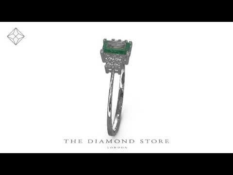 Emerald 6 x 4mm And Diamond 18K White Gold Ring