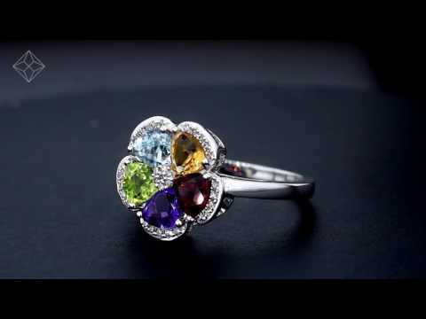 Multi Gem Flower Design Stellato Collection Ring In 9K White Gold