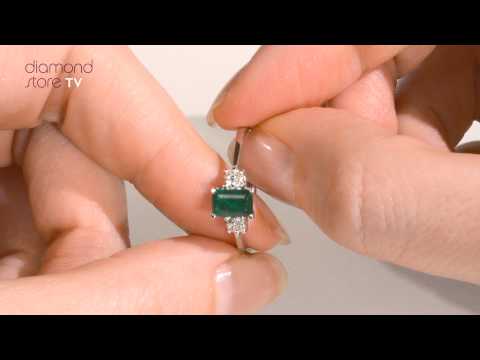 Emerald 6 x 4mm And Diamond 18K White Gold Ring