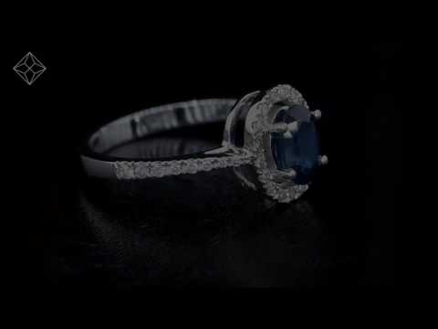 Blue Sapphire and Diamond Halo Ring Set in 18K White Gold