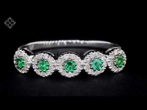Emerald and Halo Diamond Stellato Eternity Ring in 9K White Gold
