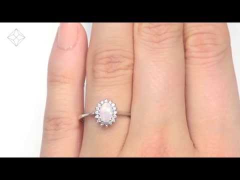 Opal 6 x 4mm And Diamond 18K White Gold Ring