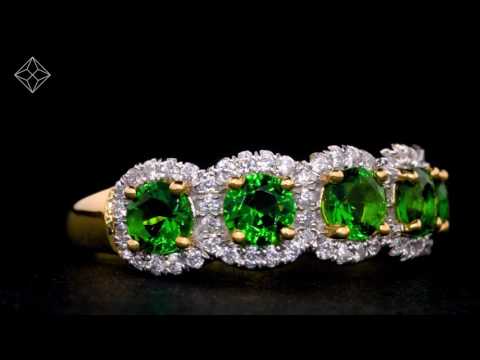 Emerald and Diamond Halo 5 Stone Asteria Ring in 18K White Gold