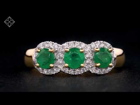 Emerald and Diamond Halo Trilogy Asteria Ring in 18K White Gold