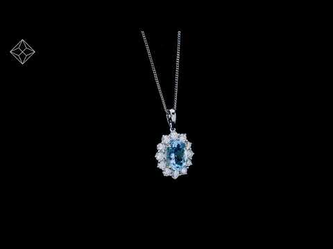 Aquamarine and Diamond Cluster Necklace Pendant 9x7mm 18K White Gold