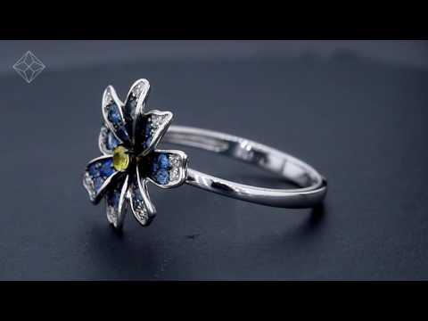 Blue Sapphire Yellow Sapphire and Diamond Stellato Ring 9K White Gold