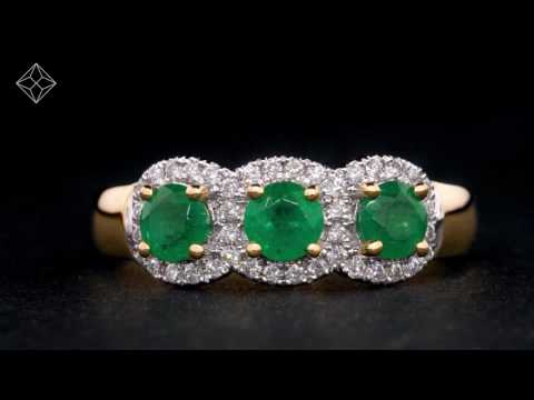 Emerald and Lab Diamond Halo Trilogy Ring in 9K Gold - Asteria