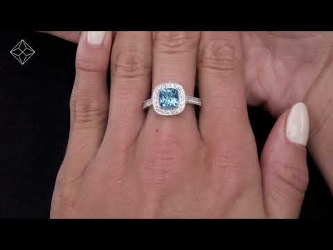 2.50ct Cushion Blue Topaz Lab Diamond Halo Asteria Ring 9K White Gold