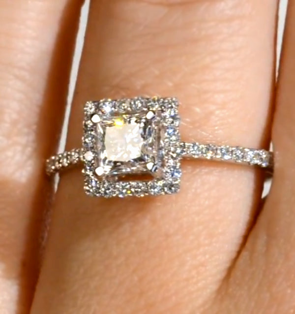 Halo Engagement Ring Ella 0.82ct G/Vs Princess Diamond 18K White Gold