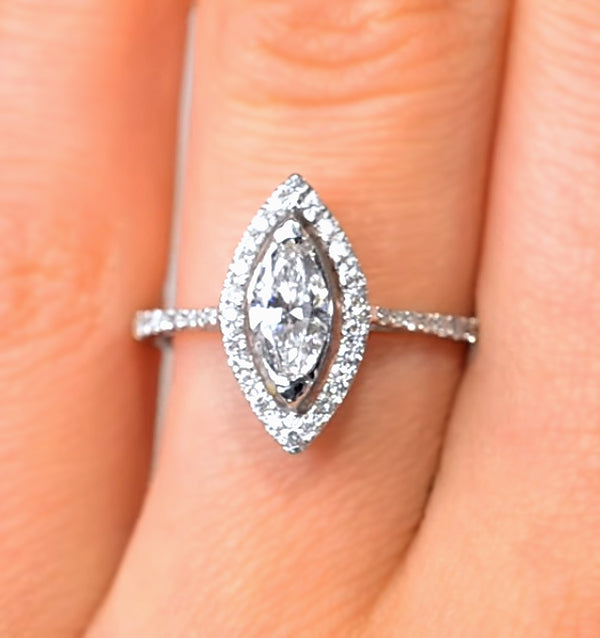 Halo Engagement Ring Ella 0.84ct G/VS Marquise Diamond 18K White Gold