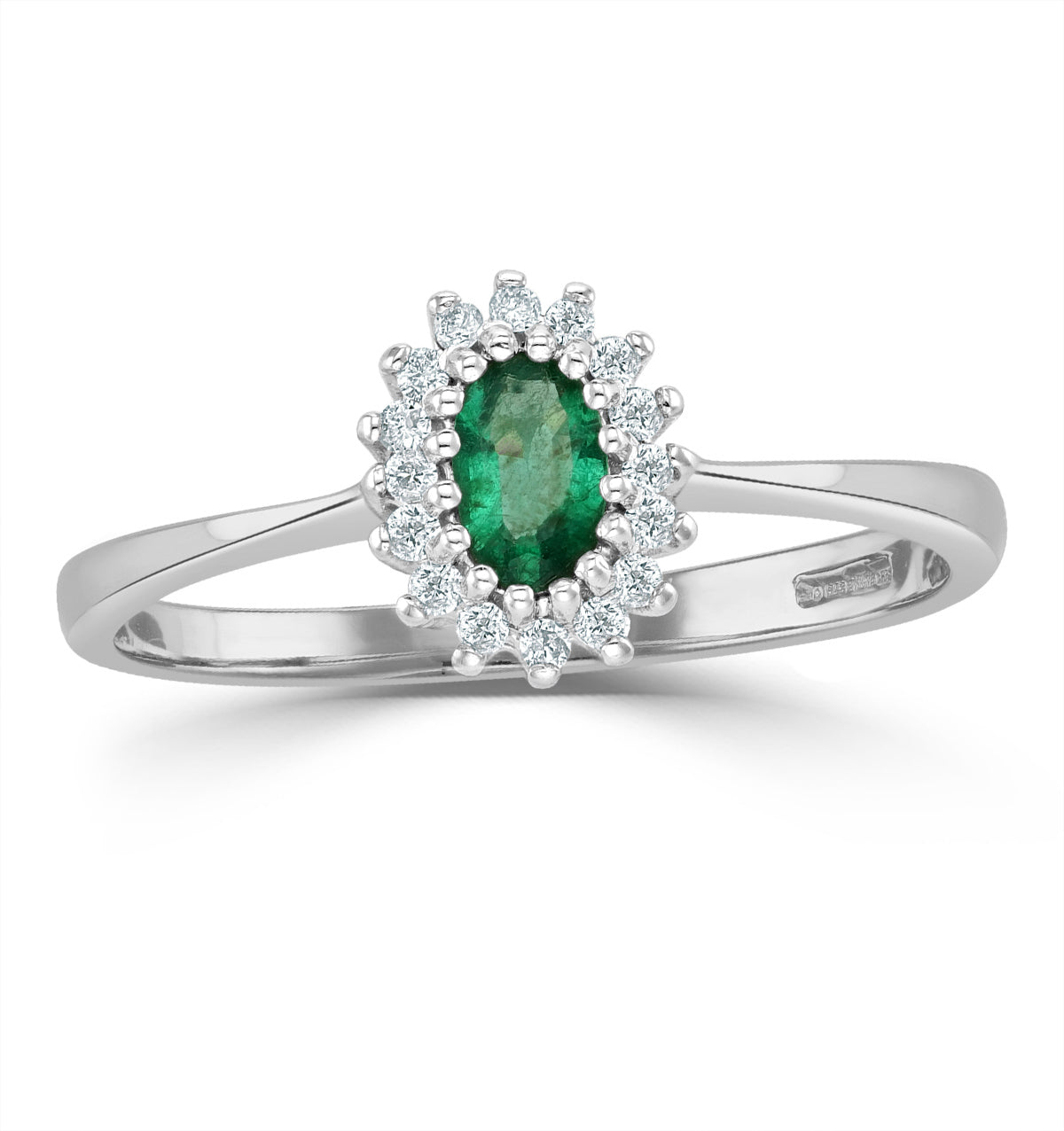 Emerald 5 x 3mm And Diamond 9K White Gold Ring A4450