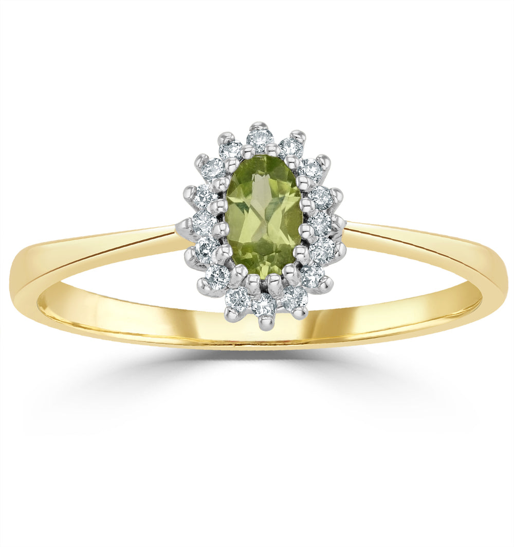 Peridot 5 x 3mm And Diamond 9K Yellow Gold Ring