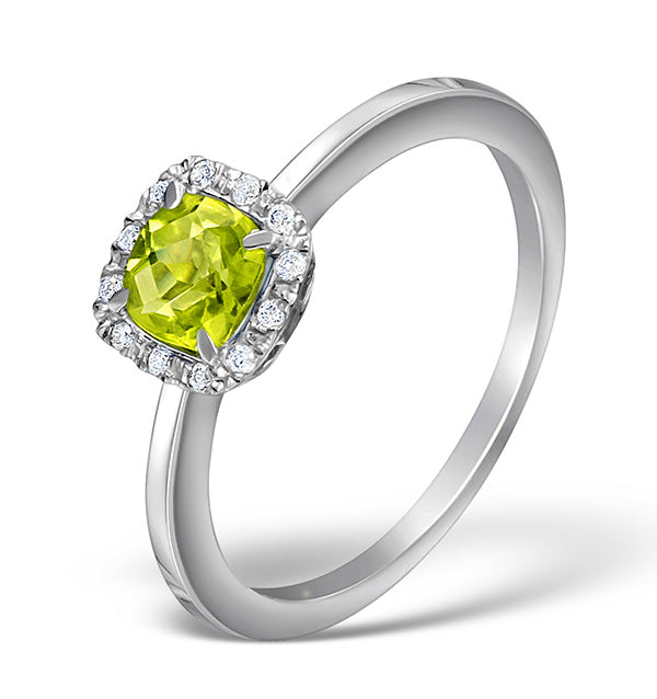 Peridot 8mm And Diamond Ring In 9K White Gold - SIZE P